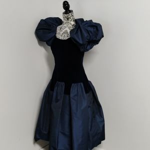 Vintage 1980's Victor Costa Blue Velvet Taffeta Dress Puffy Sleeves